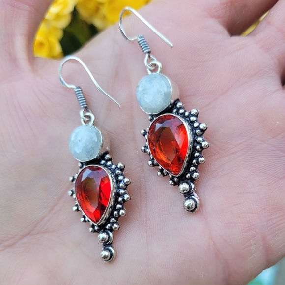 Moonstone & Ruby Gemstone Boho Earrings - Picture 2 of 3